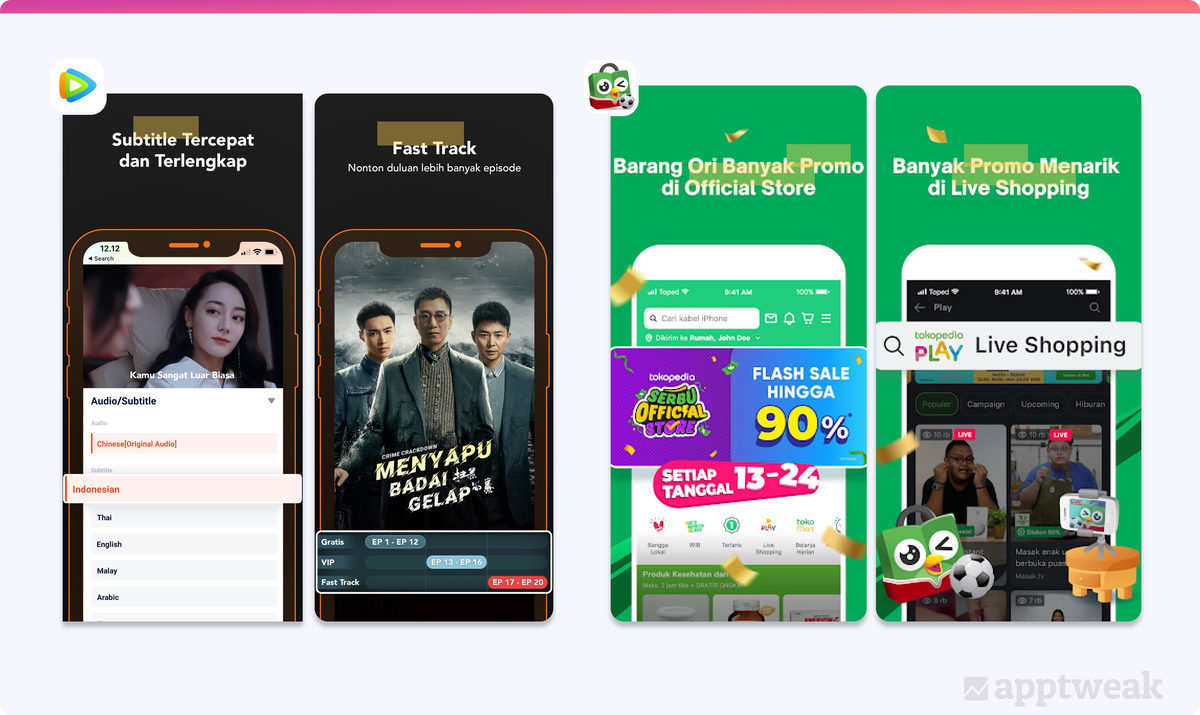 English words are not only used in the screenshots’ captions but are also displayed within the in-app screenshots in Indonesia