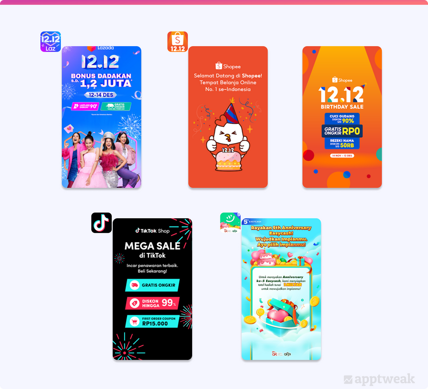 Examples of promotions and social proofs in the first few screenshots of Indonesian apps
