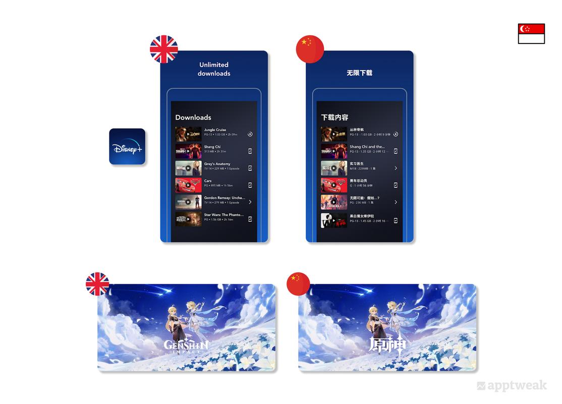screenshots of app pages showing the difference in character length chinese versus english