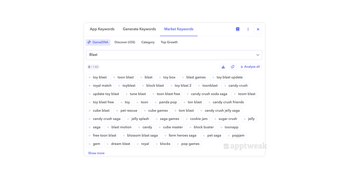AppTweak GameDNA keyword suggestions for the “blast” DNA (Enterprise only)