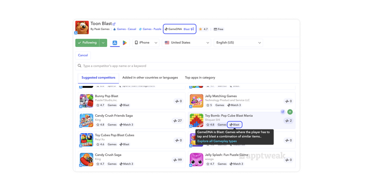 AppTweak GameDNA competitor suggestions
