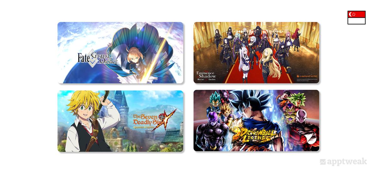 The feature graphics of 4 mobile games that are derived from popular anime series