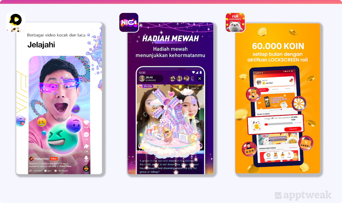 Examples of Indonesia app screenshots with floating 3D elements in them