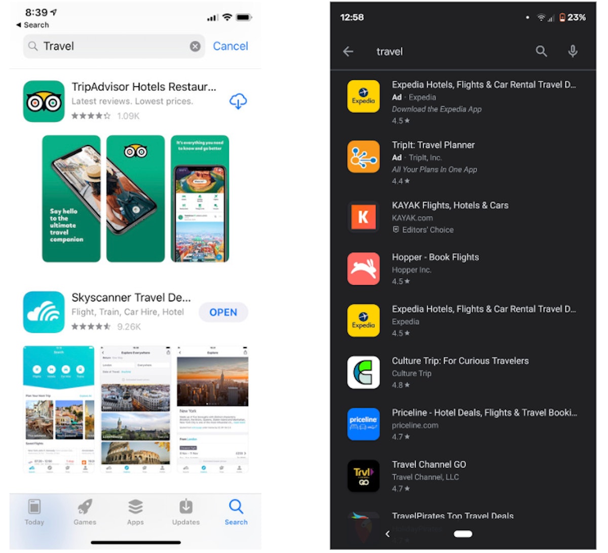 Lorsque vous recherchez le mot-clé « voyage » dans l'App Store, chaque application est affichée avec son icône, son titre, son sous-titre et ses trois premières captures d'écran. Dans le Google Play Store, seuls l'icône de l'application et le titre sont affichés.
