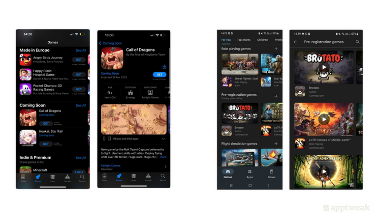 App Store Coming Soon section and Google Play Pre-registration Games section