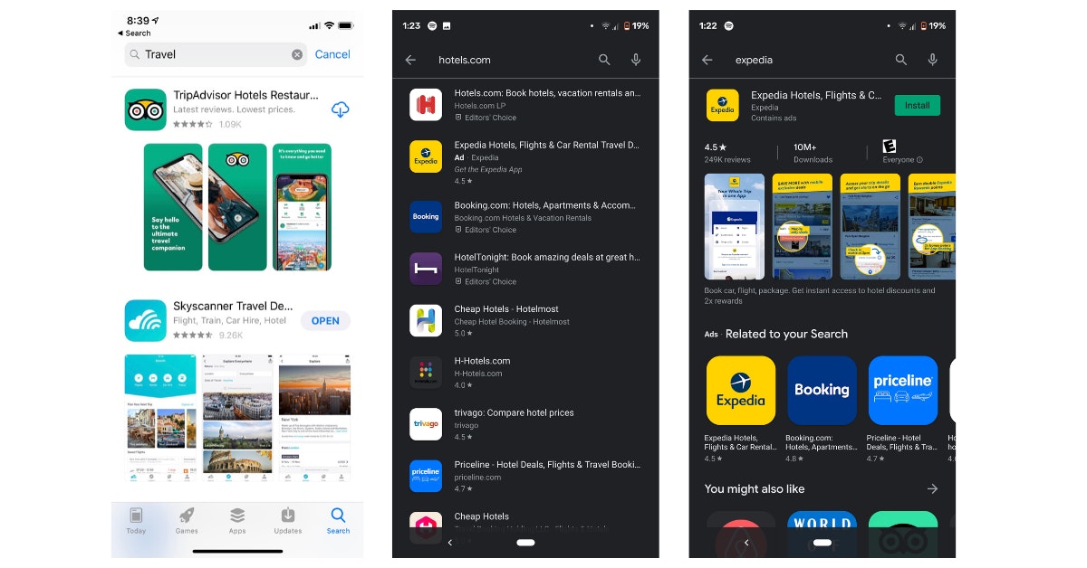 Pour les mots clés généraux, les captures d'écran ne sont pas affichées dans les résultats de recherche de Google Play. Mais pour certaines recherches de marque, les résultats comprennent l'icône de l'application, son titre, les notes et les évaluations, les captures d'écran ou la vidéo et la description brève.