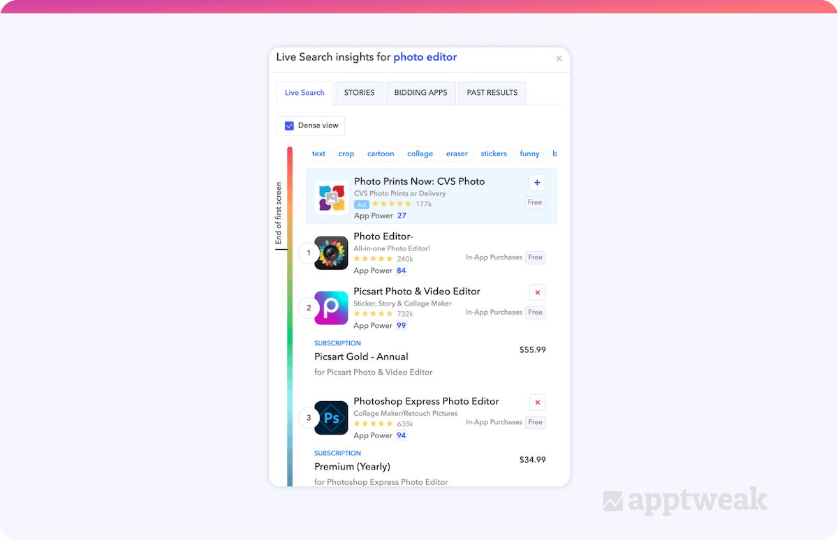 La fonctionnalité Live Search permet de découvrir le classement d'une application sur un mot spécifique. Quand on cherche les mots photo editor sur Live Search, on découvre les applications les plus populaires: Photo Editor, PicsArt et Photoshop.