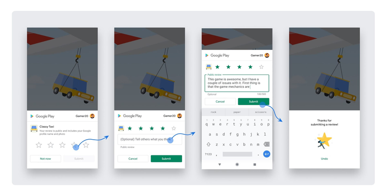 ユーザー視点でのアプリ内レビューのフロー（参照：developer.android）