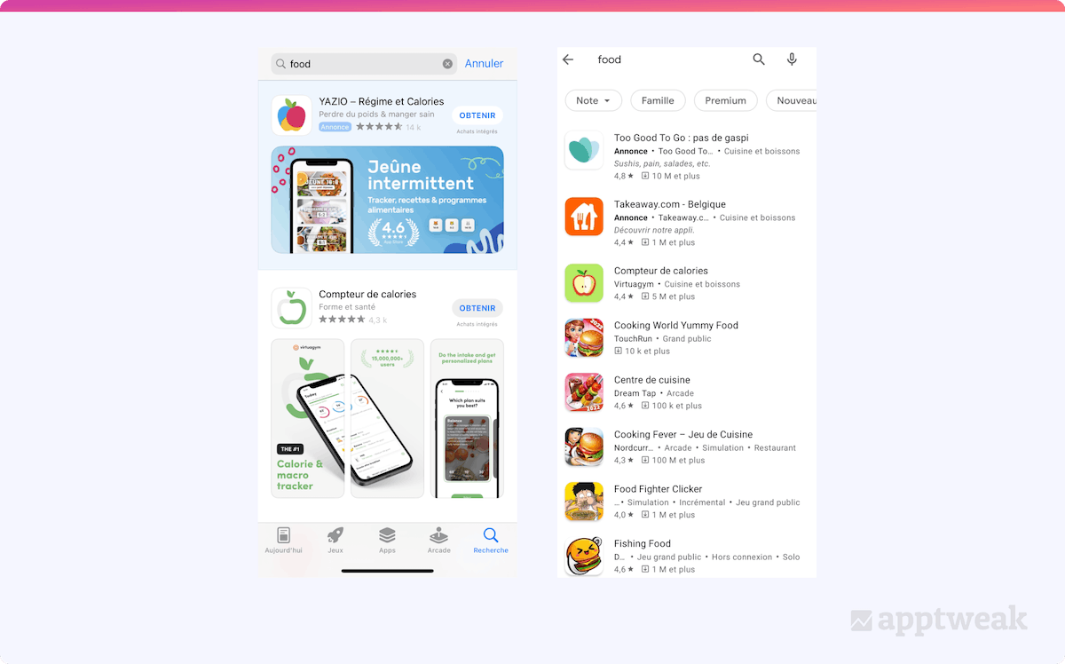 Il y a des différences majeures dans l'affichage des applications dans les résultats de recherche sur l'App Store et le Play Store. Quand on recherche le mot 