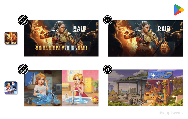 RPGゲーム「RAID: Shadow Legends」を提供するPlarium Global社は、フィーチャーグラフィックのA/Bテストを通して、元々使用していたキャプション付きのクリエイティブよりもキャプション無しのクリエイティブの方がコンバージョンに良い影響を与えることを知ることができました。また、「Matchington Mansion」もA/Bテストを通して、キャラクターの有無でコンバージョン率がどう変わるかを検証していることがわかります。