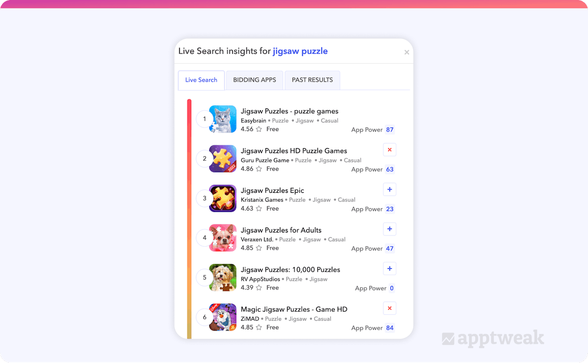 La fonctionnalité Live Search permet de découvrir les applications référencées sur “jigsaw puzzle”. Sur cette image, on peut voir que toutes les applications qui sont référencées incluent ce mot dans leur titre, ce qui laisse à croire que les apps qui n’ont pas ce mot dans leur titre ont moins de chance d’être référencées parmi les premiers résultats.