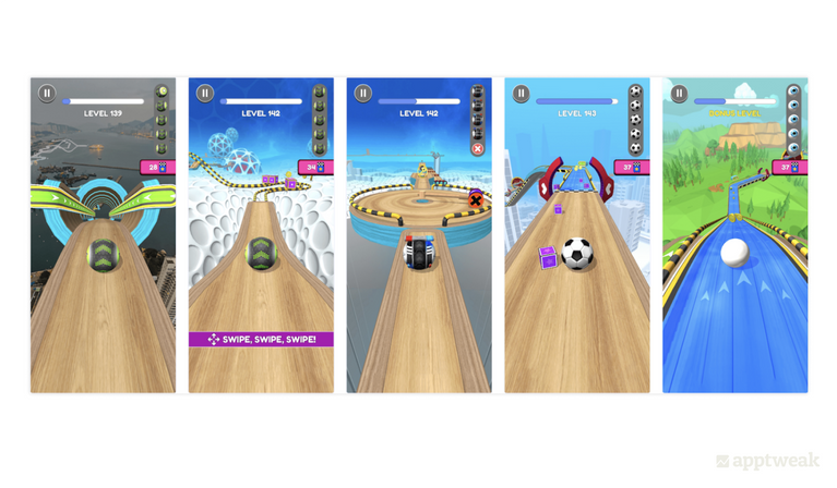 美国 App Store 中的 Going Balls 在其屏幕截图中显示了清晰的游戏玩法,并带有表示游戏级别的标题