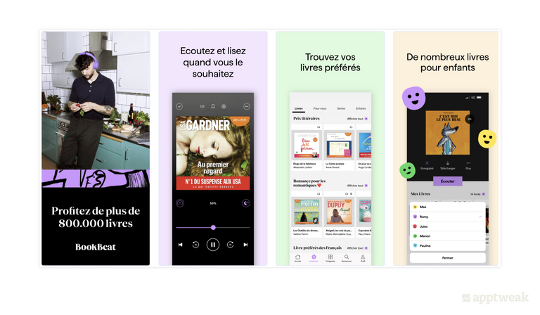 BookBeat 在法国 App Store 中的屏幕截图展示了法国市场中流行的有声读物