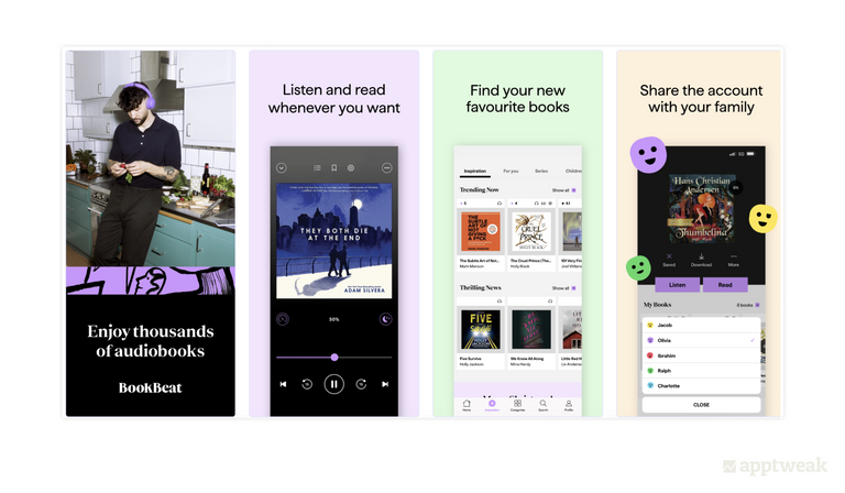 BookBeat 在美国 App Store 中展示了屏幕截图，以显示美国市场中流行的有声读物
