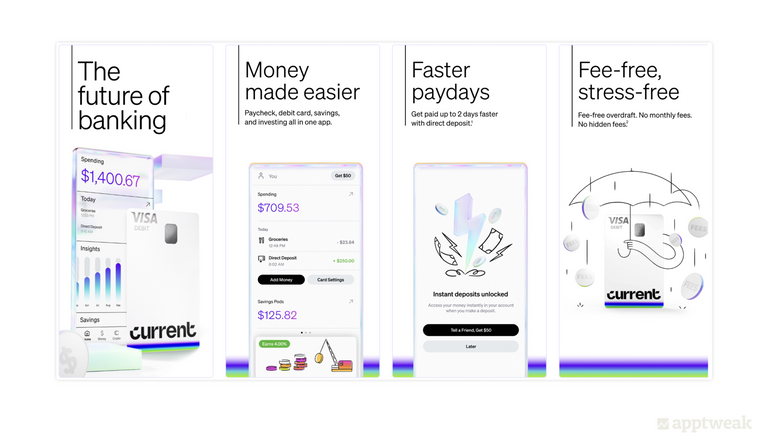 美国 App Store 中的 Current 在第一个屏幕截图中以易于阅读、与背景形成良好对比的大标题显示了他们的 USP。 