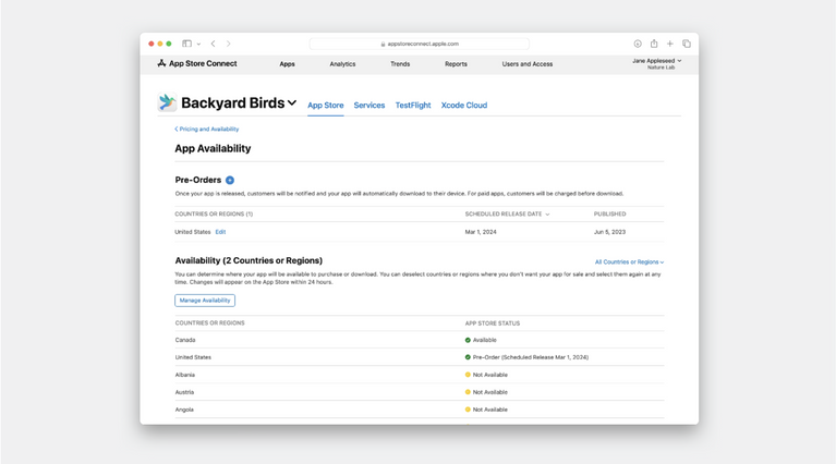 App Store Connectは、特定の国ですでに利用可能なアプリを、新しい地域で予約注文可能にすることを開発者に許可するようになります
