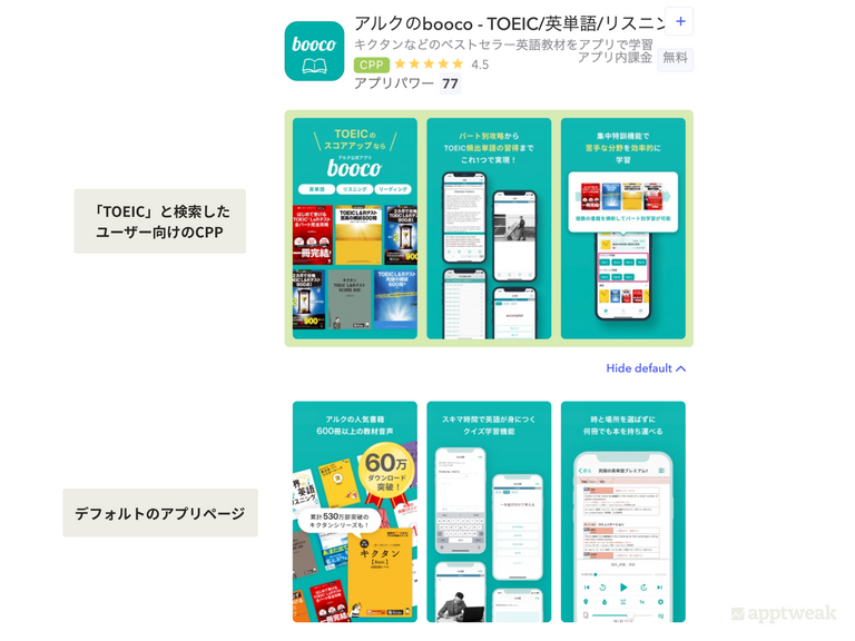 英語学習アプリ「booco (ブーコ) 」は、TOEICの勉強を目的にアプリを探しているユーザー向に向けて、TOEIC対策を強調したスクリーンショットを使用したCPPを表示させています。AppTweakでは、特定のキーワードにおいて過去90日間で表示されたCPPが確認できるようになりました！