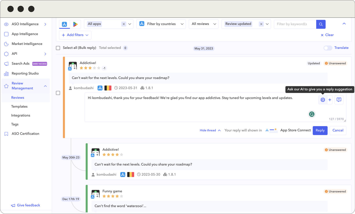 Review Management by AppTweak powered by GPT-4
