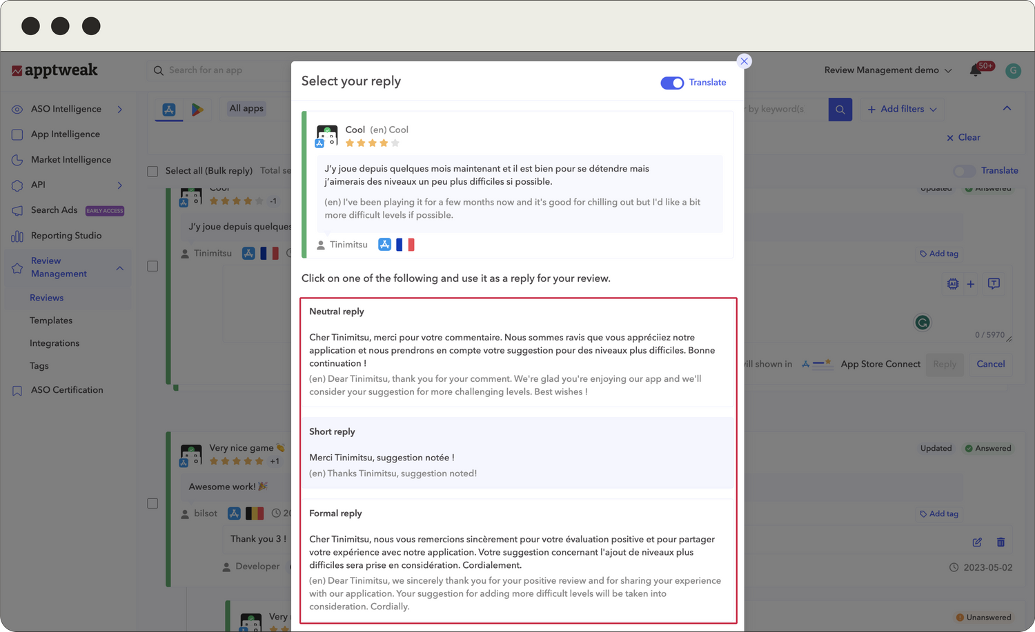 AppTweak review management tool