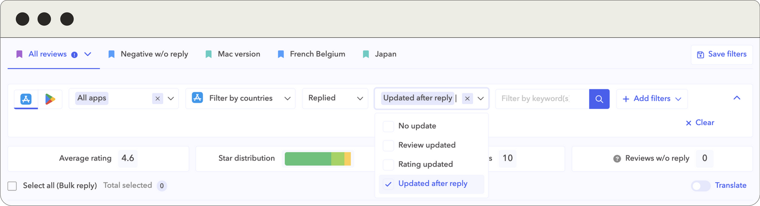AppTweak Review Management filters and saved view