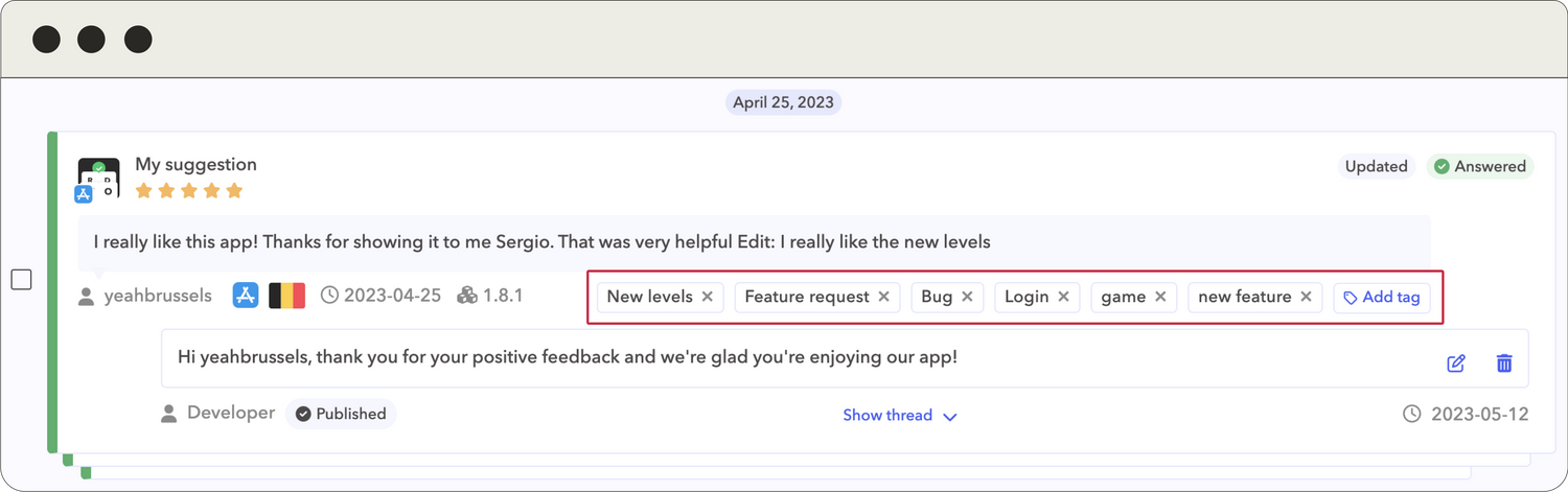 AppTweak Review Management tags