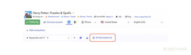 AI-generated list now in your Keyword Research tool on AppTweak