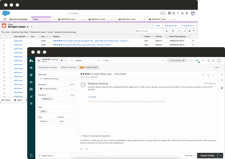 アプリレビューツール - ZendeskまたはSalesforceからレビューを受信して返信