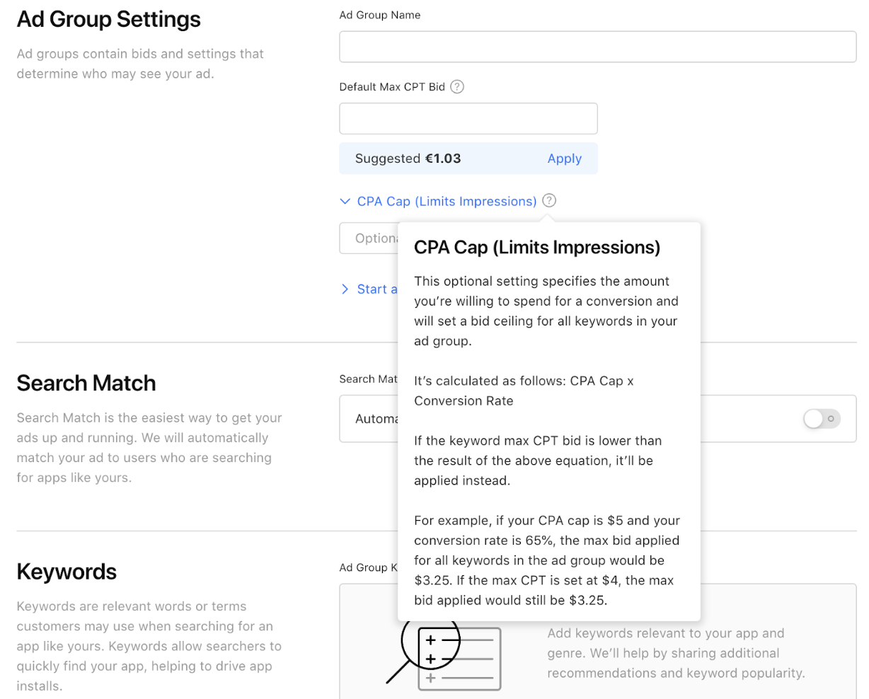 CPA cap in Apple Search Ads