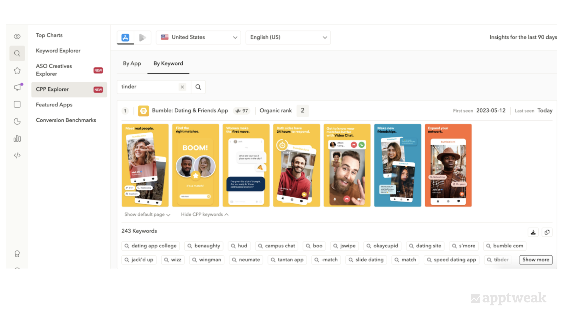 Bumble uses a CPP to target competitor brand names on the App Store, US