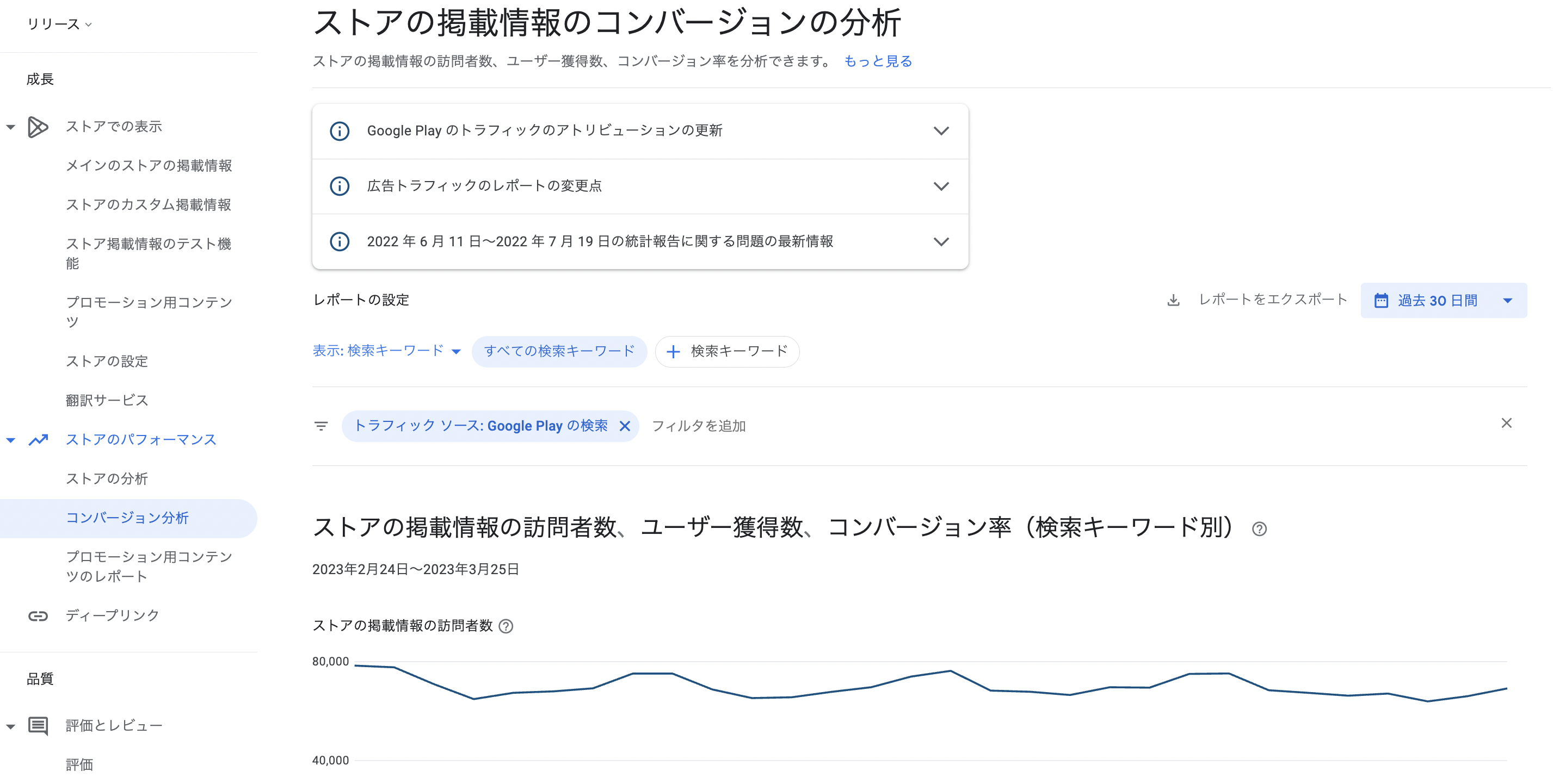 Google Play検索のトラフィックに起因する検索語の一覧は、Play Consoleで確認可能。(参照元: Google Play Console)