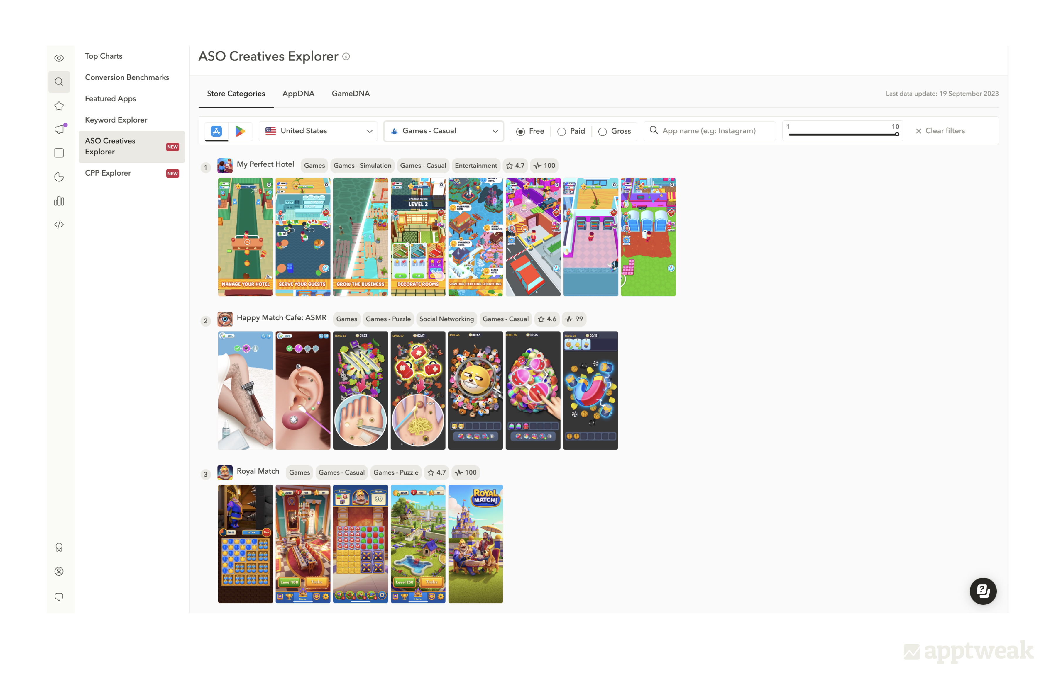 AppTweak의 ASO 크리에이티브 조사기를 사용하여 어떤 카테고리, AppDNA 또는 GameDNA에서든 선두 앱 및 게임의 스크린샷을 한 곳에서 시각화하십시오. 