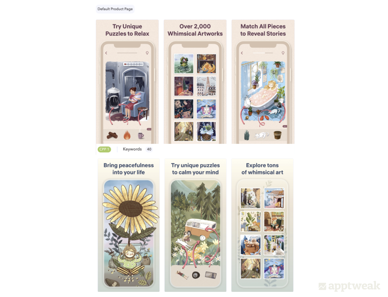 Art Puzzle has used a custom product page targeting keywords like “anti-stress,” “stress relief game,” and “cozy game" to highlight the relaxing aspect of the game