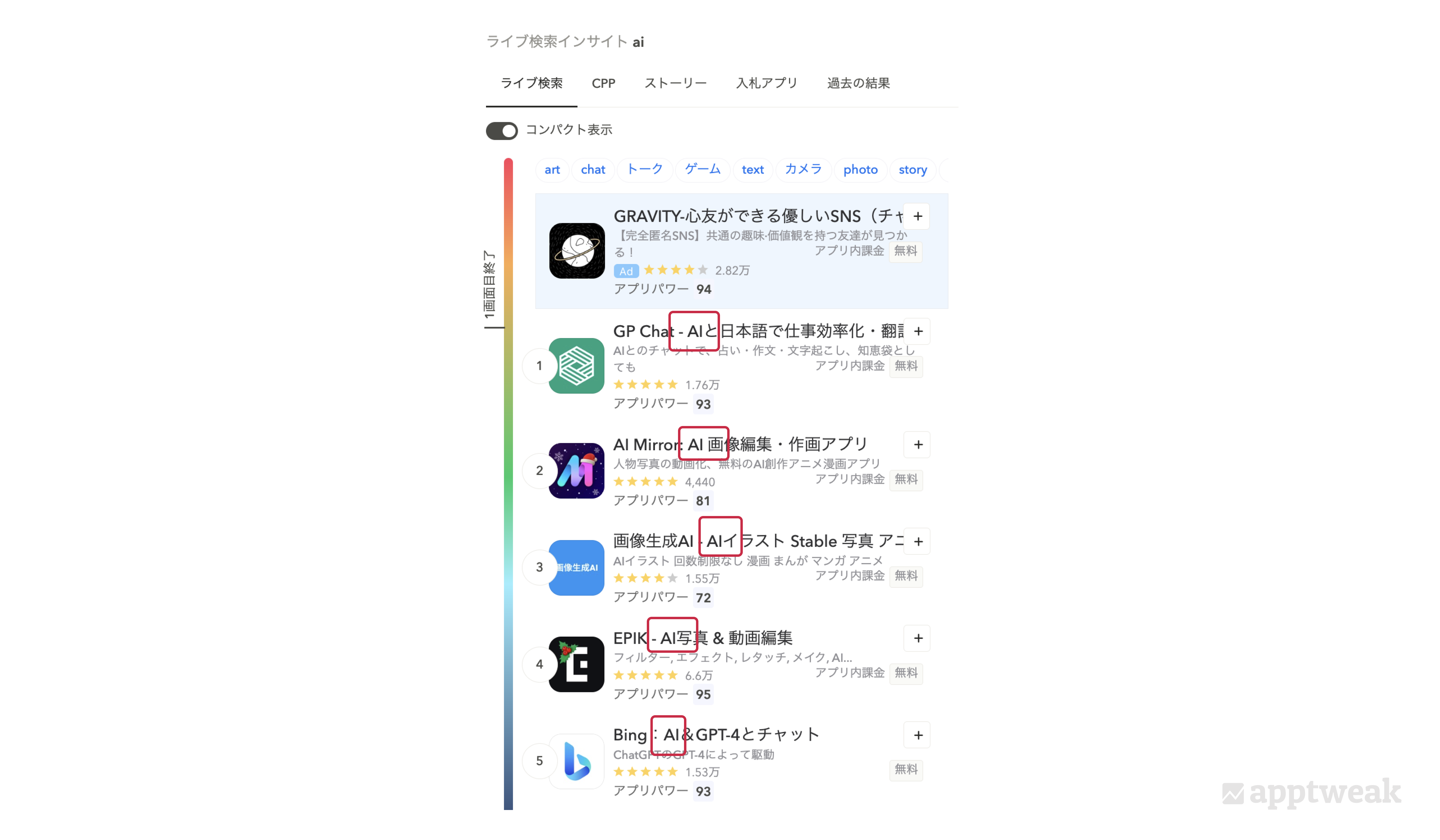 キーワード「AI」のライブ検索結果 (日本、App Store).