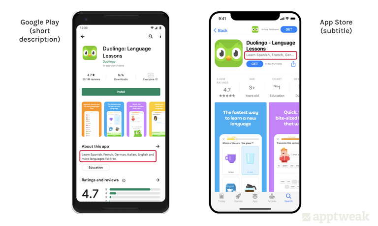 Duolingo 的 Google Play 简短 描述 与 App Store 副标题