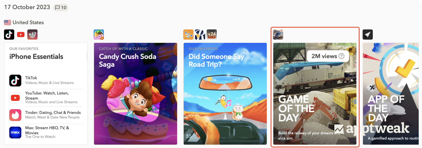 On October 17, 2023, “Train Station 2” was featured as Game of the Day in the US, generating more than an estimated 2 million views. Source: AppTweak