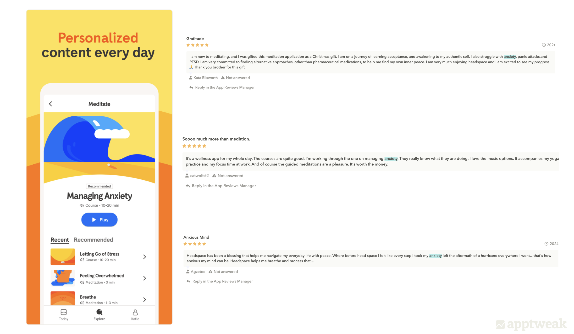 Headspace showcases its anxiety management feature in its screenshots, following user praises about how the app has helped them handle anxiety