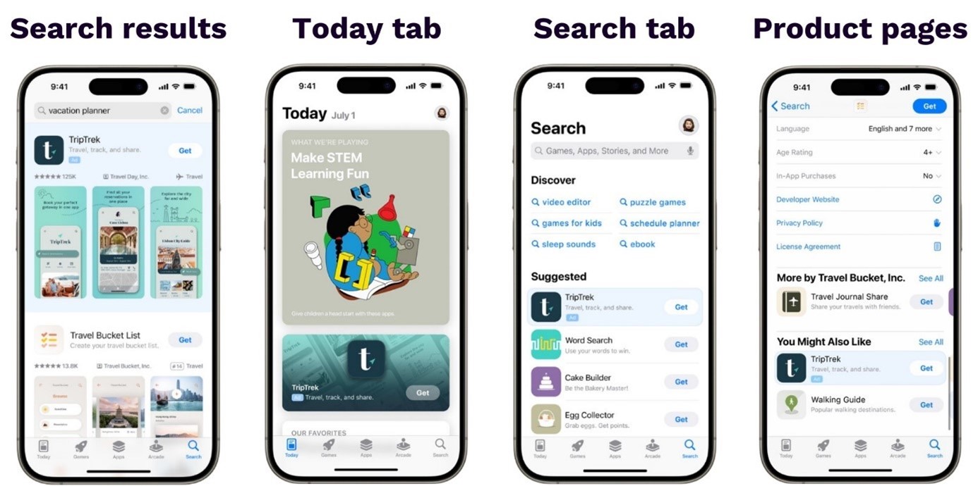 App Store上の様々なApple Search Ads配置。 