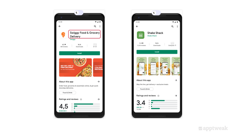 The food delivery app Swiggy has incorporated descriptive keywords in its app title, while Shake Shack has not
