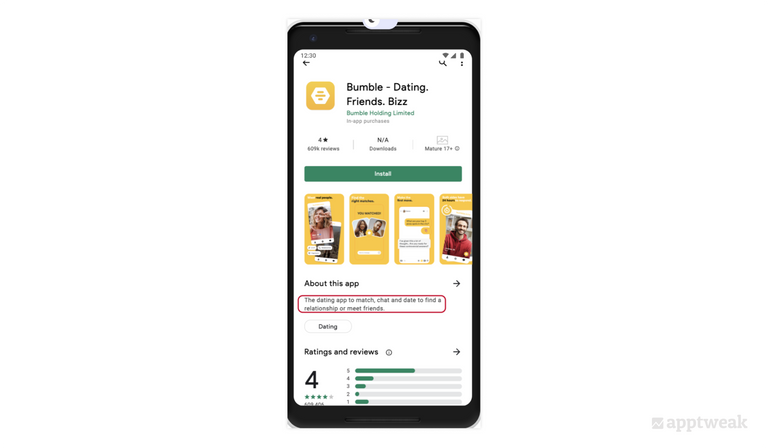 Bumble has crafted a clear short description that highlights its offerings to encourage more downloads