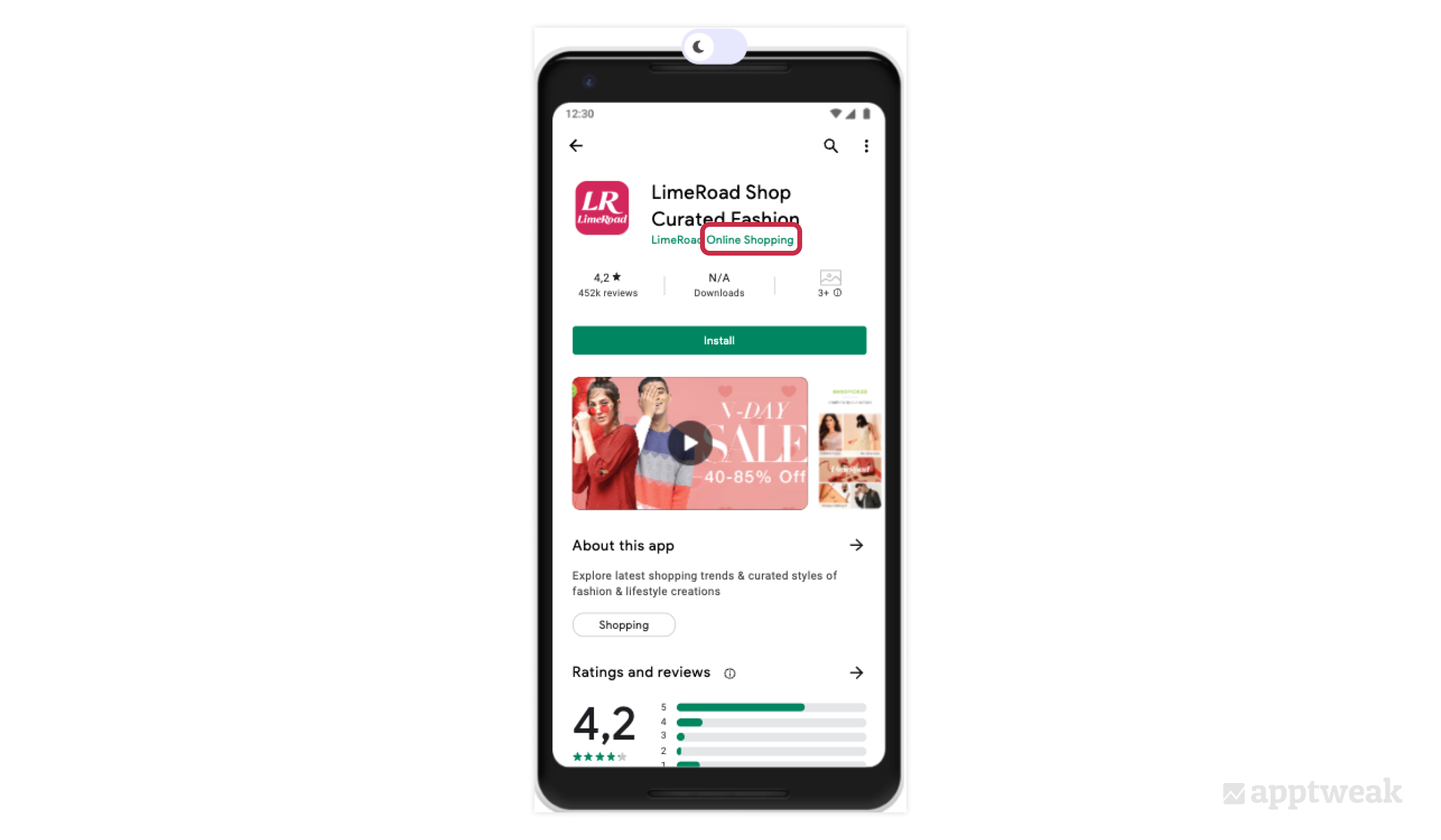 By targeting the keyword “online shopping” in its developer name, the shopping app LimeRoad has a good chance to rank for that keyword in Google Play search results