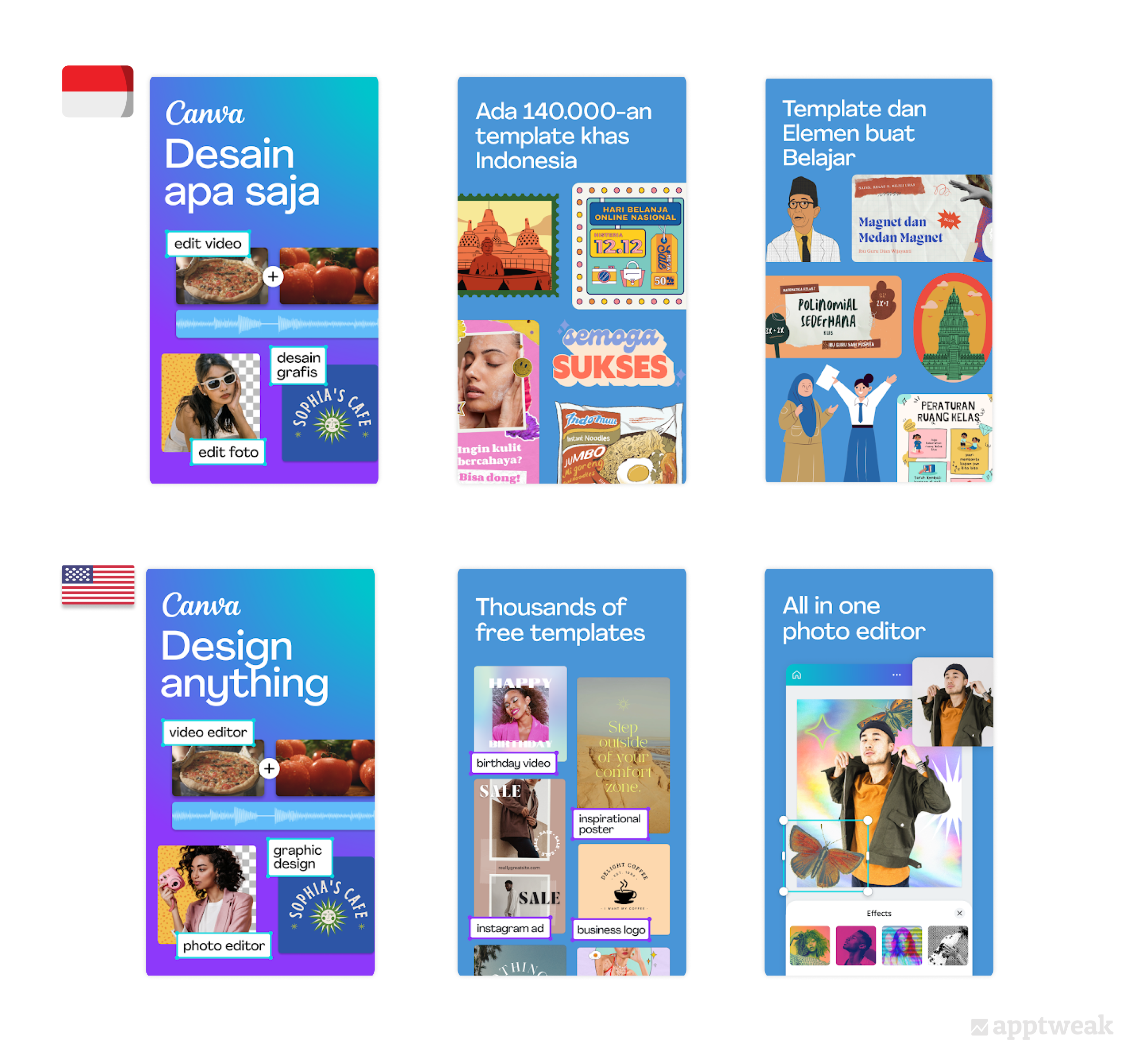 Canva has localized screenshots for the US & Indonesian market by not just adapting its screenshots but also the captions to make the app feel like it was made for local users