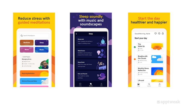The meditation app Headspace’s screenshots show the in-app experience and also use text to explain more clearly what the app does