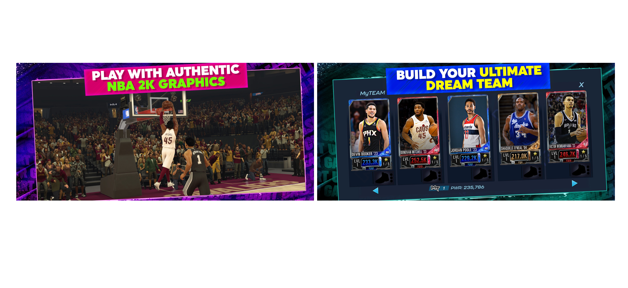NBA 2K 的截图在深色背景上使用霓虹色，清晰地突出了游戏的街机特性。文字也非常明亮，与深色背景形成良好的色彩对比，因此易于阅读。