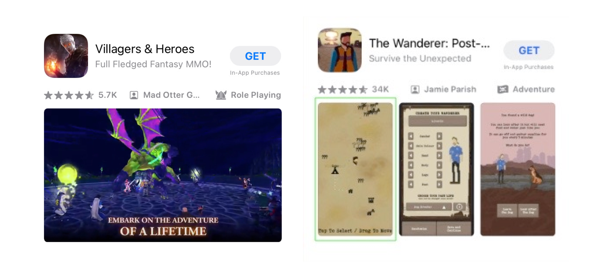左侧的截图展示了您的横向视频在 iOS 搜索结果中的显示方式。右侧以绿色突出显示的视频展示了当您的视频为纵向模式时，预览视频将如何在搜索结果中与您的前两张截图一起显示。