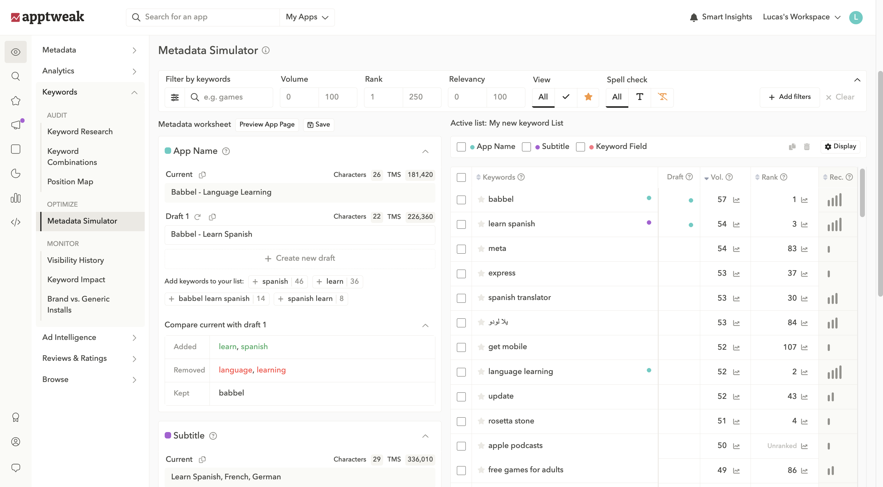 Use the Metadata Simulator section of the Keyword tool to test different drafts before updating your metadata