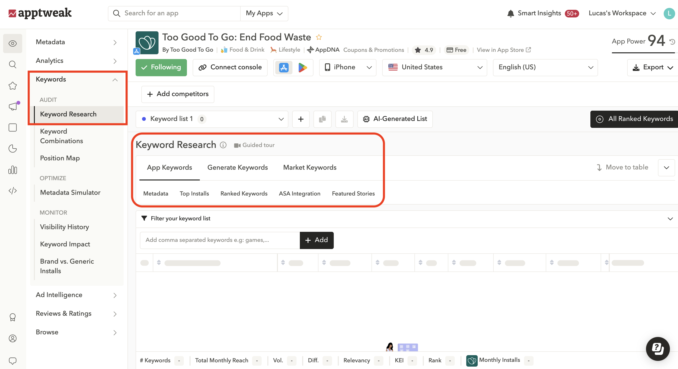 Create a large keyword list in just a few seconds with AppTweak's keyword research tools