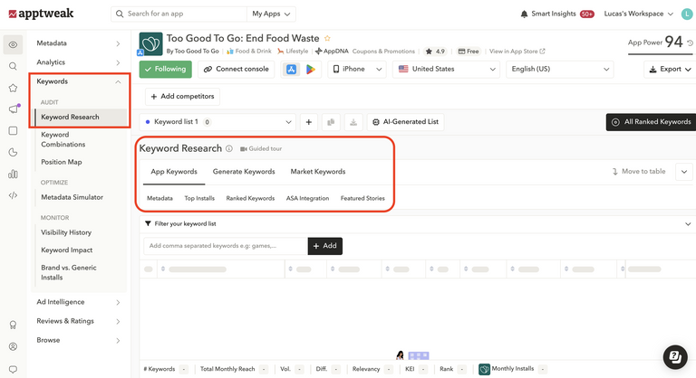 Create a large keyword list in just a few seconds with AppTweak's keyword research tools