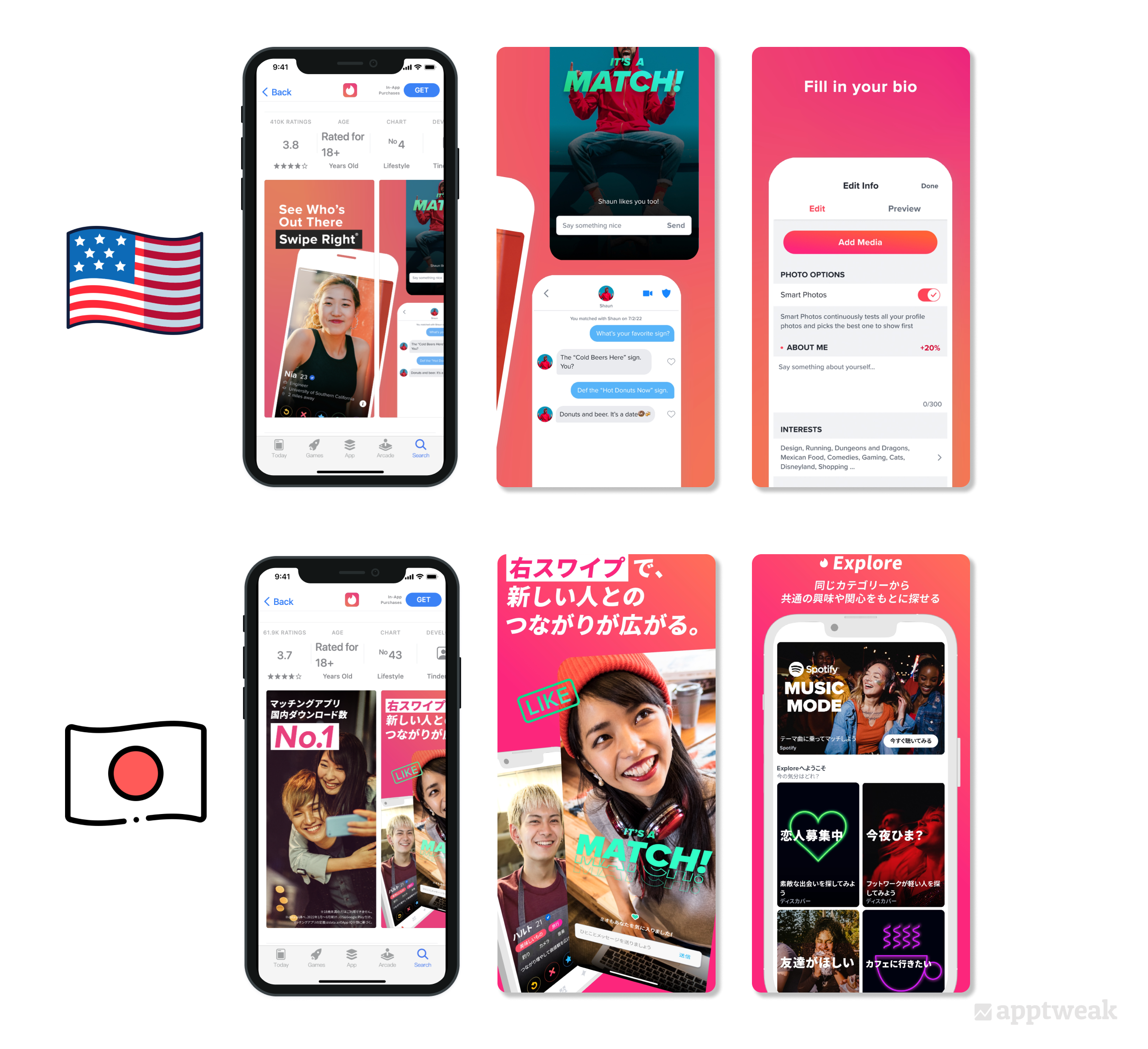 Tinder has their captions translated and includes Japanese models in their screenshots to be as close to store visitors and their interests as possible