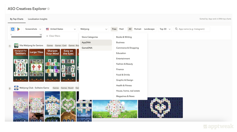 See creatives based on AppDNA or GameDNA with ASO Creatives Explorer