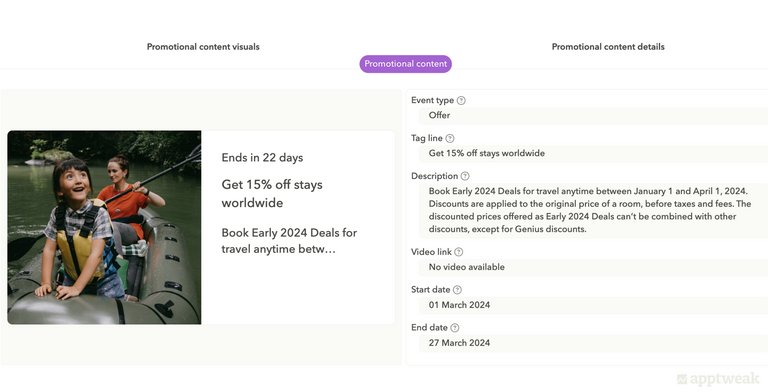 Booking.com is running a promotional content titled "Get 15% off stays worldwide," clearly outlining the offer in its tagline